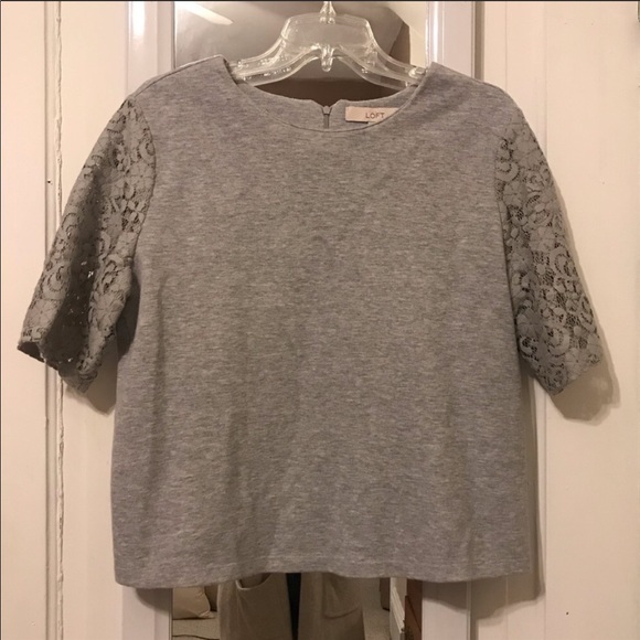 LOFT grey cropped top with lace sleeves sz L - Picture 4 of 7